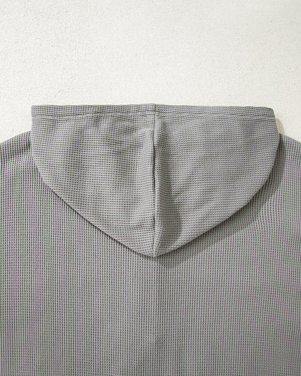 Gray Waffle Patchwork Drawstring Hooded Long Sleeve Top