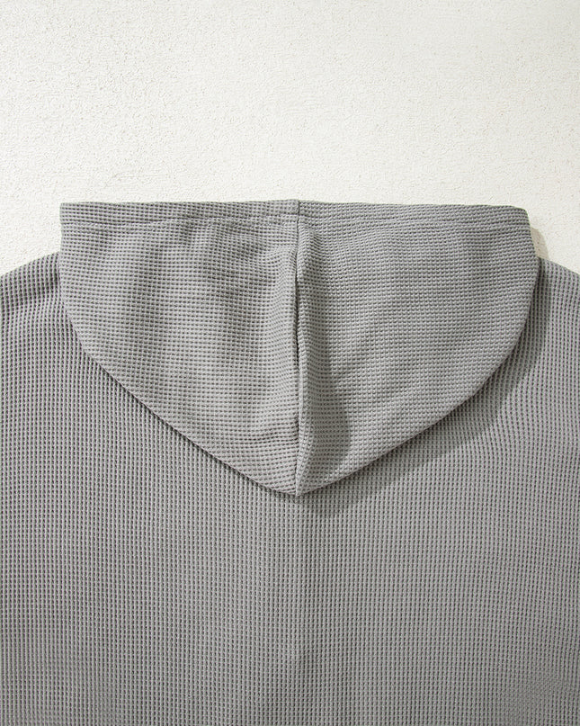 Gray Waffle Patchwork Drawstring Hooded Long Sleeve Top