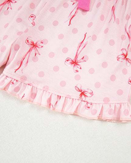 Pink Polka Dot and Bow Print Ruffle Hem Shorts Pajama Set