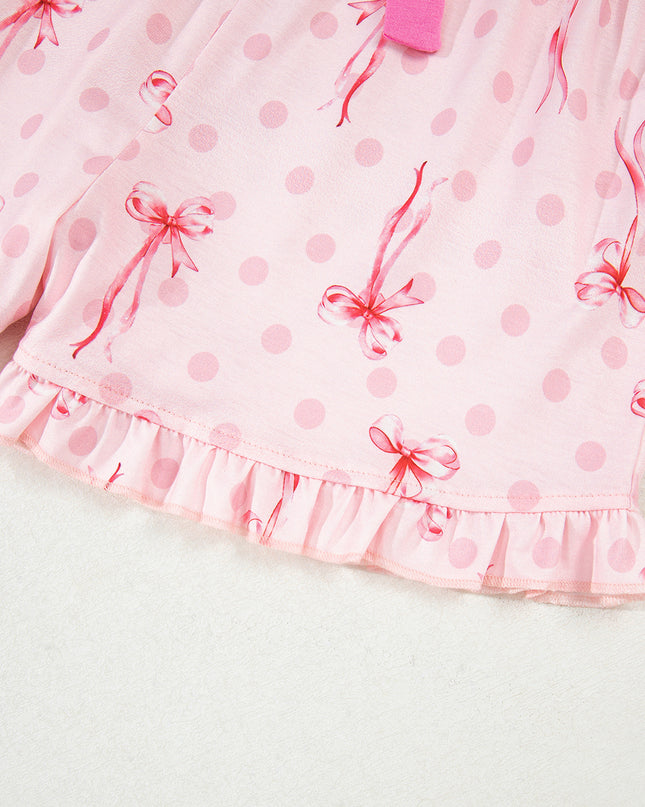 Pink Polka Dot and Bow Print Ruffle Hem Shorts Pajama Set