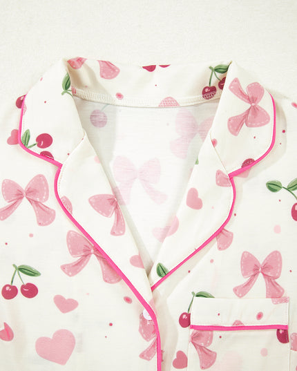 Pink Polka Dot and Bow Print Ruffle Hem Shorts Pajama Set