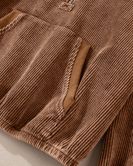 Chestnut Half Zipper Kangaroo Pocket Drawstring Corduroy Hoodie