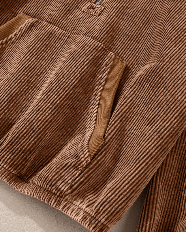Chestnut Half Zipper Kangaroo Pocket Drawstring Corduroy Hoodie