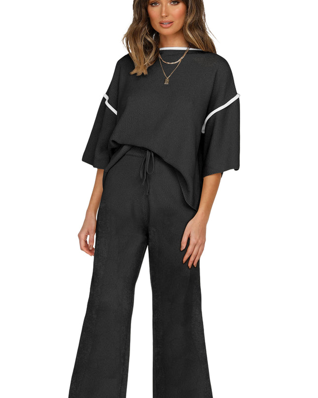 Navy Blue Loose Contrast Trim Half Sleeve Top and Drawstring Pants Set