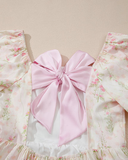 Pink Floral Puff Sleeve Square Neck Knotted Backless Ruffle Mini Dress