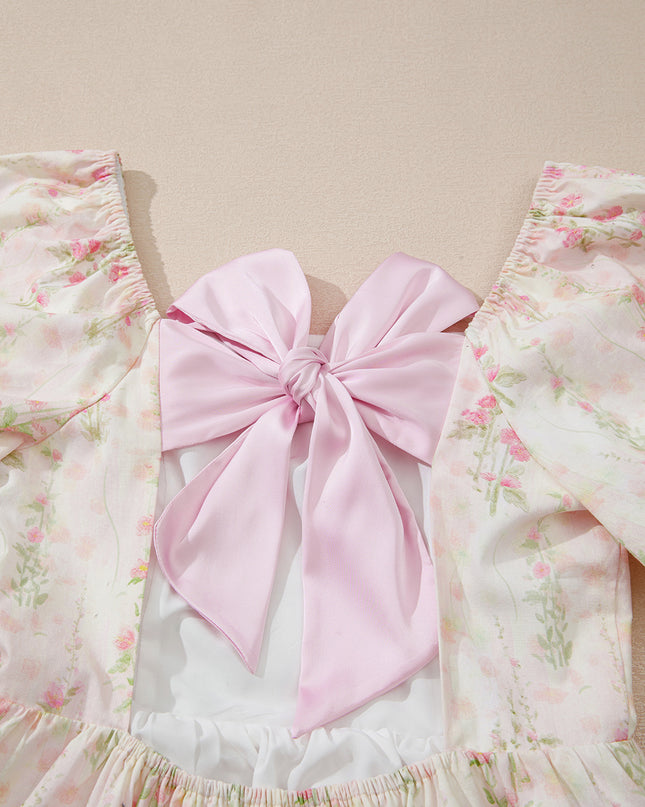 Pink Floral Puff Sleeve Square Neck Knotted Backless Ruffle Mini Dress