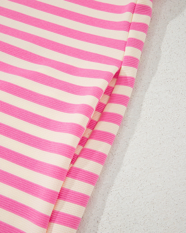 Green Striped Ruffle Short Sleeve Pop of Color Neckline Dress
