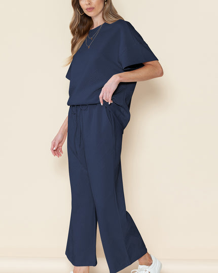 Black Textured Loose Fit T Shirt and Drawstring Pants Set