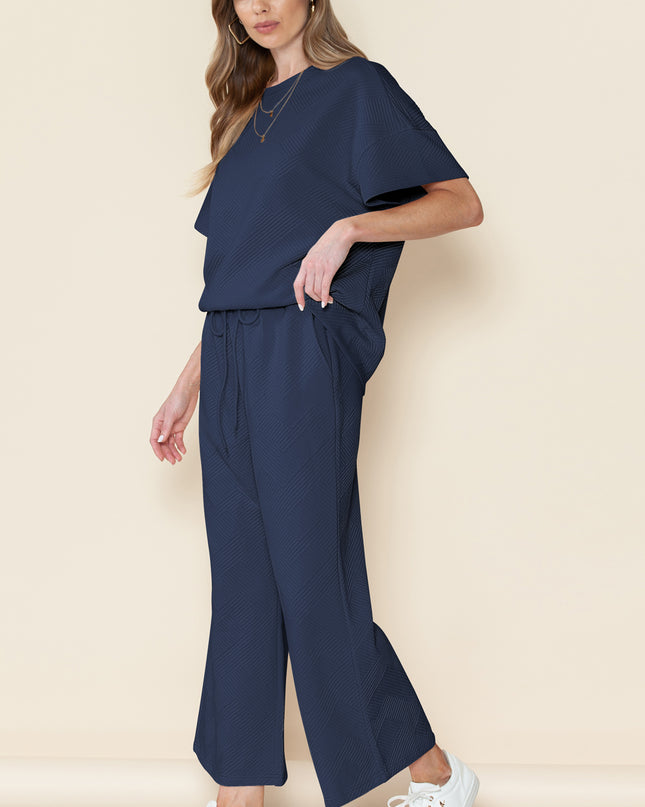 Black Textured Loose Fit T Shirt and Drawstring Pants Set