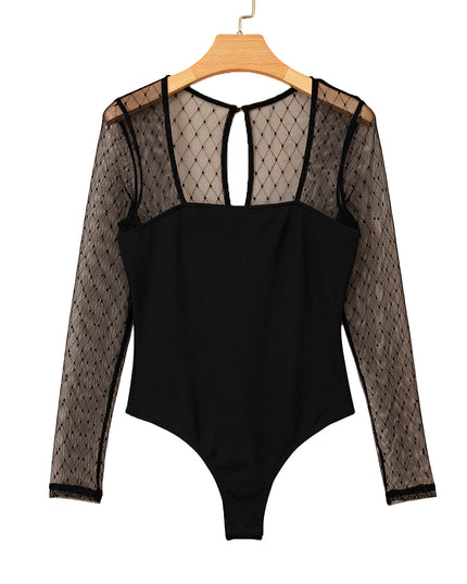 Black Polka Dot Mesh Long Sleeve Square Neck Bodysuit