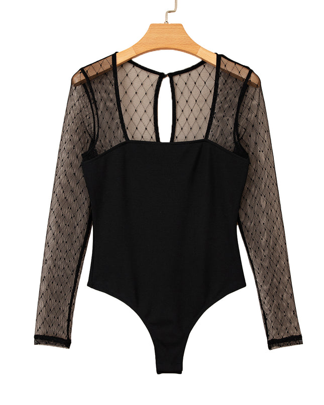 Black Polka Dot Mesh Long Sleeve Square Neck Bodysuit