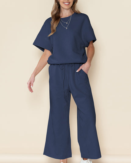Black Textured Loose Fit T Shirt and Drawstring Pants Set
