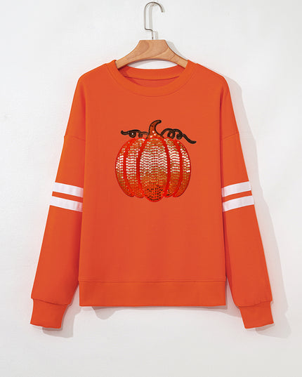 Sequin Pumpkin Varsity Sweatshirt – Oversized Cozy Fall Pullover (Orange)