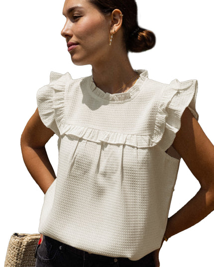 White Solid Color Ruffle Trim Waffle Textured Blouse