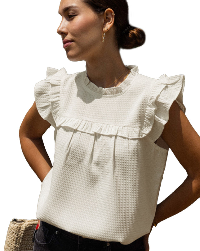 White Solid Color Ruffle Trim Waffle Textured Blouse