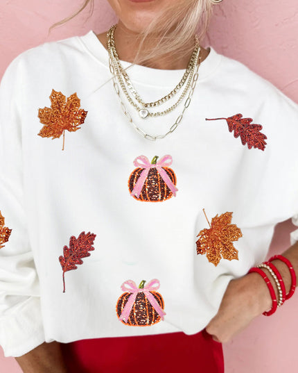 White Fall Leaf Bow Pumpkin Sequin Patched Baggy Sweatshirt