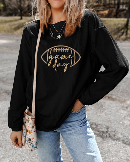 Dark Blue Football Graphic Drop Shoulder Game Day Corded Sweatshirt