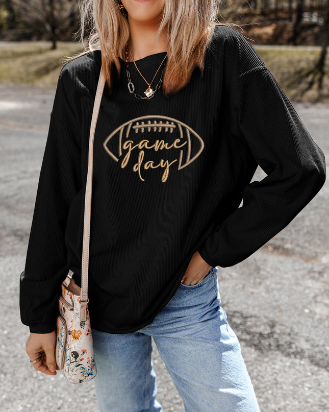 Dark Blue Football Graphic Drop Shoulder Game Day Corded Sweatshirt