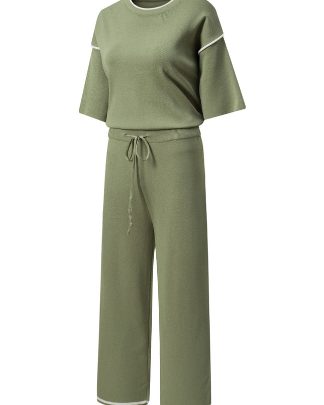 Navy Blue Loose Contrast Trim Half Sleeve Top and Drawstring Pants Set