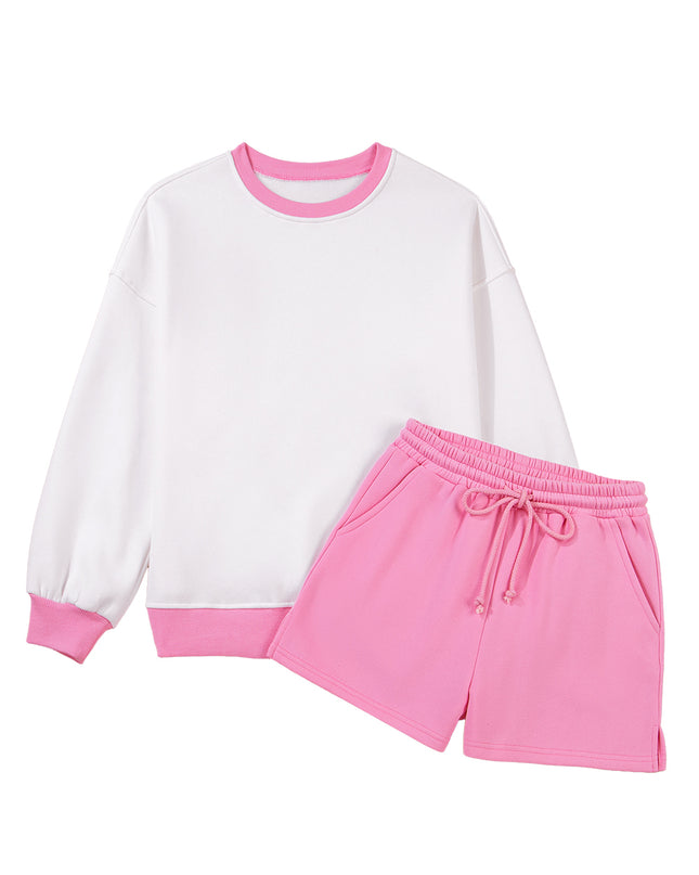Strawberry Pink Colorblock Pullover and Drawstring Shorts Set