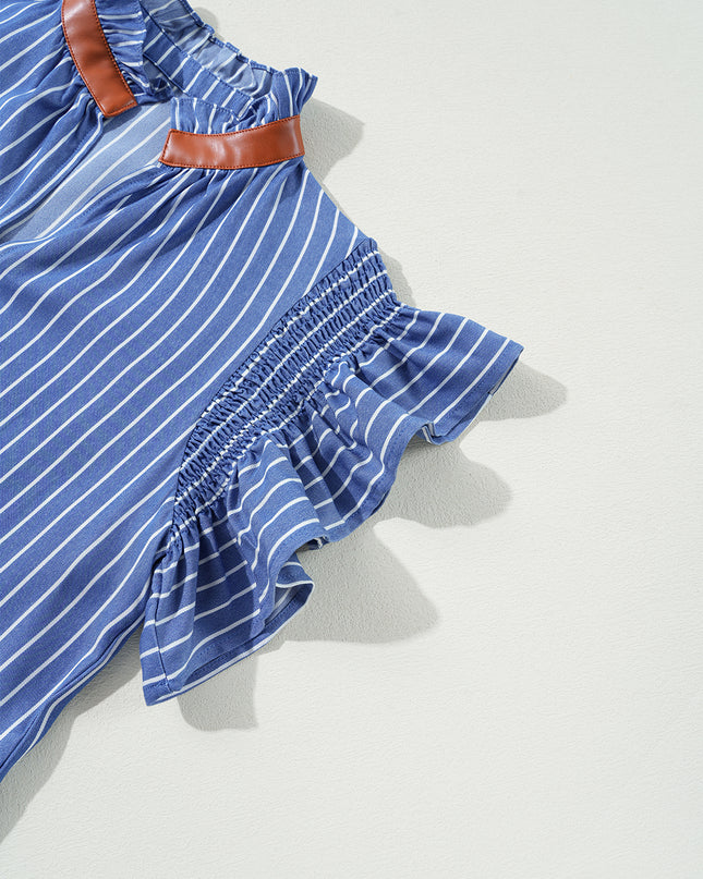 Sky Blue Stripe Frilly Split Neck Shirred Ruffle Sleeve Mini Shift Dress