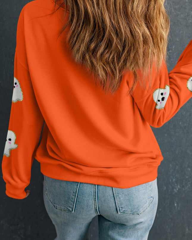 Orange Halloween Ghost Cute Patched Pattern Holiday Sweatshirt