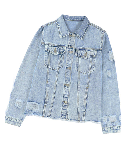 Light Blue Distressed Ripped Raw Hem Buttons Denim Jacket