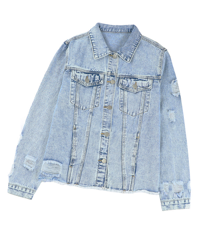 Light Blue Distressed Ripped Raw Hem Buttons Denim Jacket