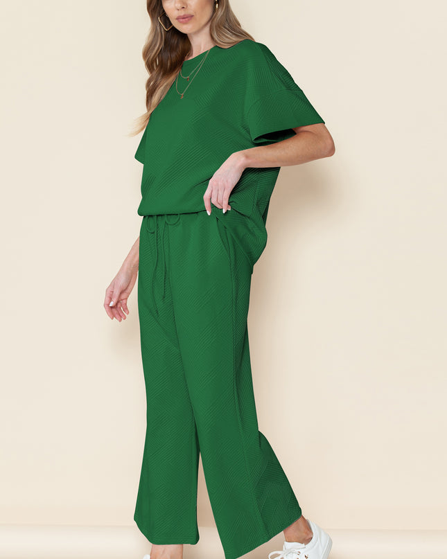 Black Textured Loose Fit T Shirt and Drawstring Pants Set