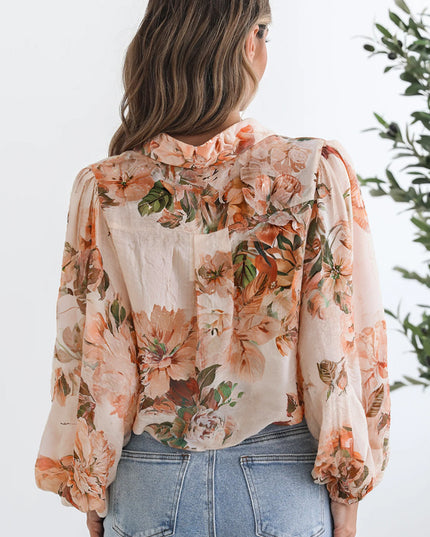 Orange Floral Puff Sleeve Lightweight Shirt