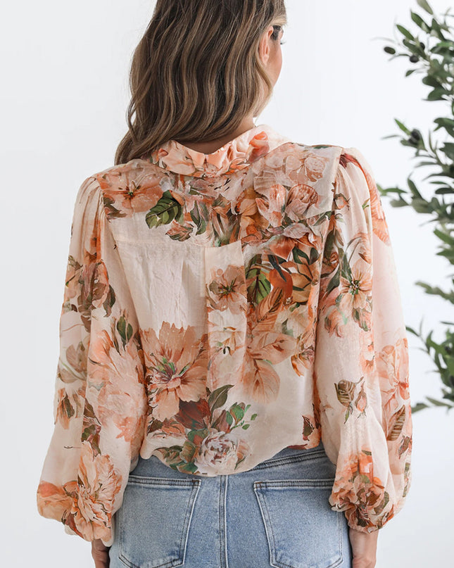 Orange Floral Puff Sleeve Lightweight Shirt