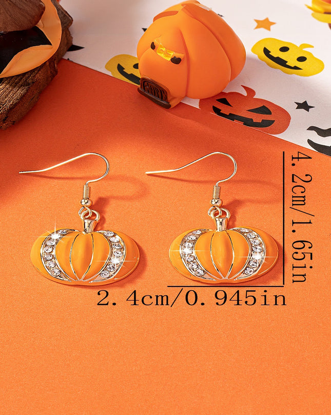 Orange Halloween Rhinestone Pumpkin Hook Earrings