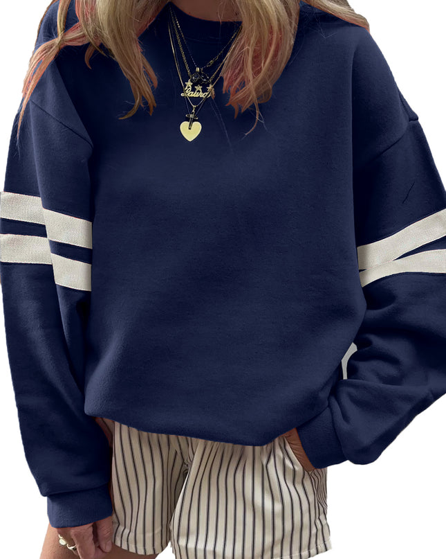 Fiery Red Preppy Striped Sleeve Loose Sweatshirt