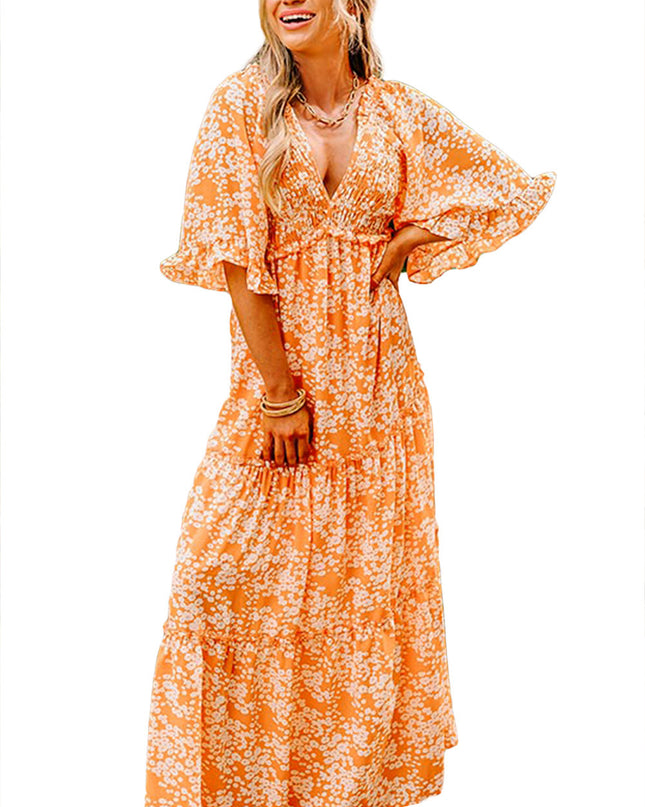 Orange Floral Print Smocked V Neck Bell Sleeve Maxi Dress