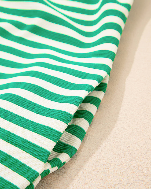 Green Striped Ruffle Short Sleeve Pop of Color Neckline Dress