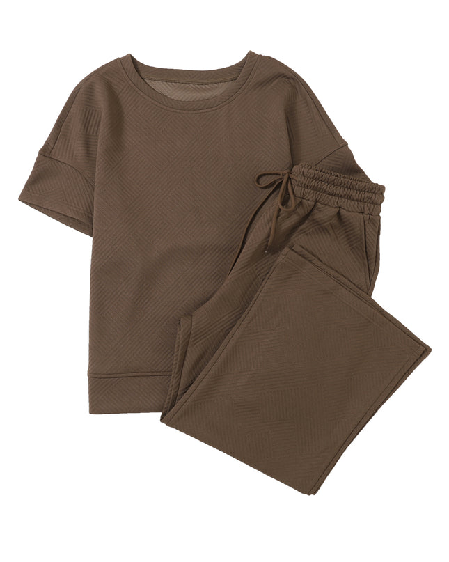 Black Textured Loose Fit T Shirt and Drawstring Pants Set