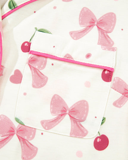 Pink Polka Dot and Bow Print Ruffle Hem Shorts Pajama Set