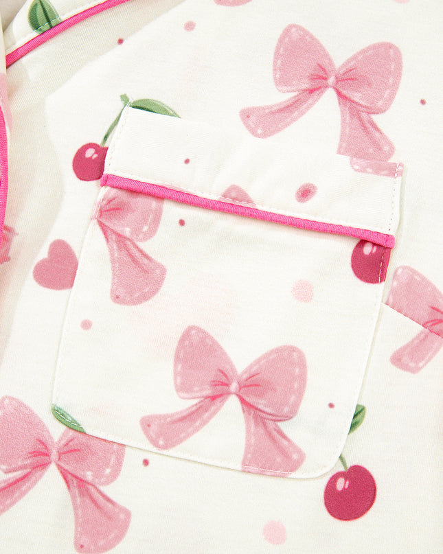 Pink Polka Dot and Bow Print Ruffle Hem Shorts Pajama Set