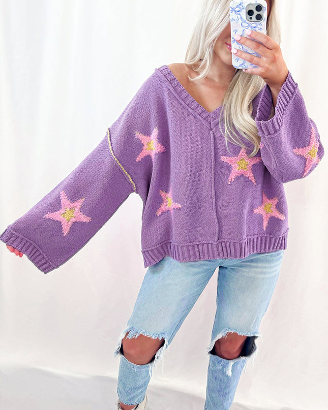 Lavendula Brushed Star Graphic V Neck Drop Shoulder Oversize Sweater