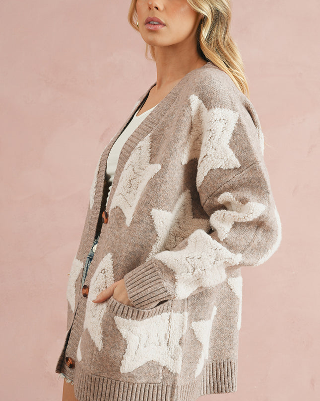 Khaki Star Pattern Pockets Button Front Cardigan