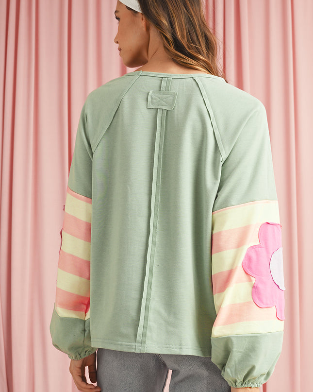 Smoke Green Flower Patchwork Exposed Seam Raglan Sleeve Top
