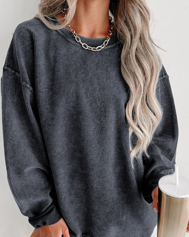 Green Ribbed Round Neck Drop Sleeve Pullover Sweatshirt
