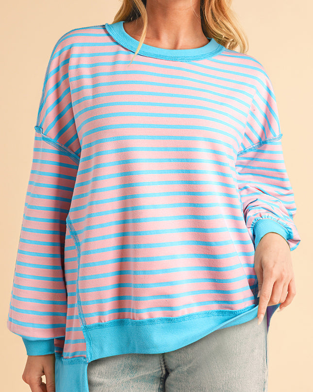 Pink Stripe Contrast Trim High Low Tunic Sweatshirt