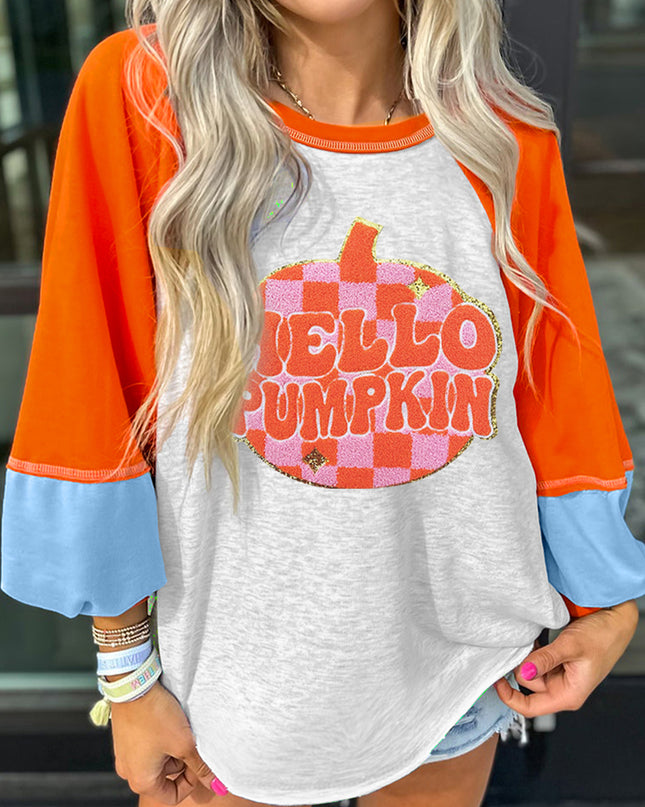 Light Grey HELLO PUMPKIN Patched Graphic Colorblock Raglan Sleeve Top