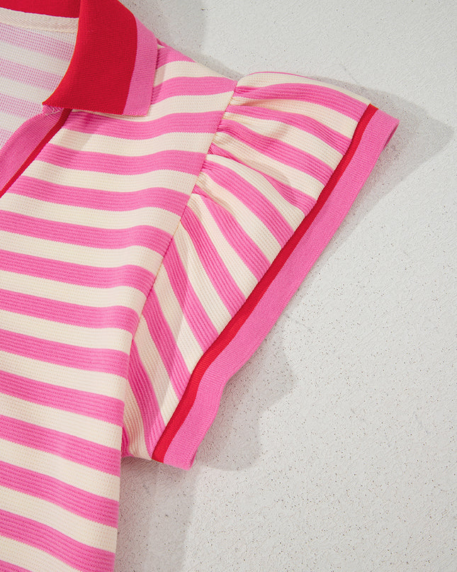 Green Striped Ruffle Short Sleeve Pop of Color Neckline Dress