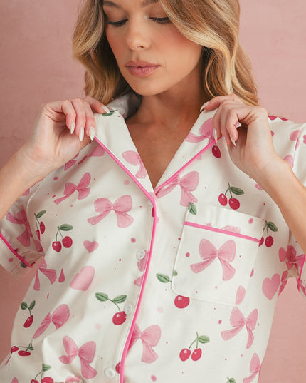 Pink Polka Dot and Bow Print Ruffle Hem Shorts Pajama Set