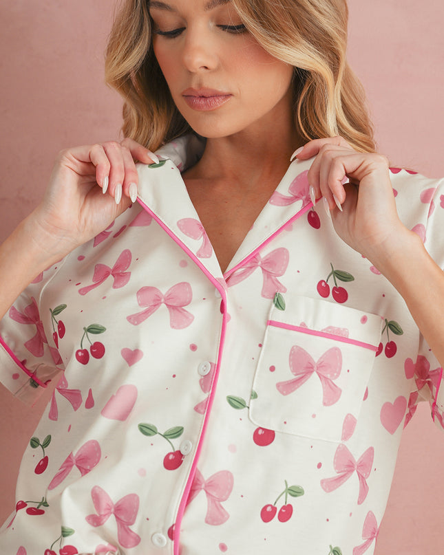 Pink Polka Dot and Bow Print Ruffle Hem Shorts Pajama Set