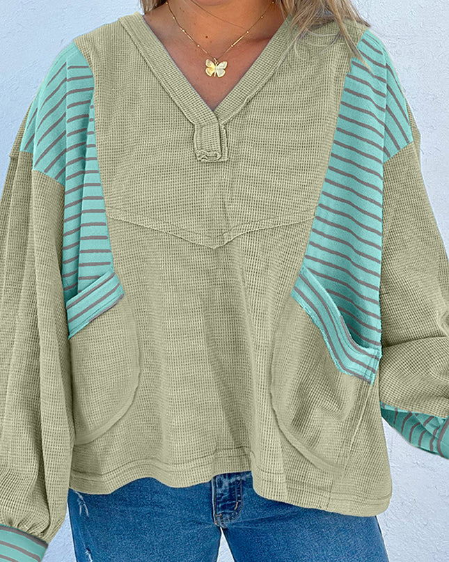 Meadow Mist Green Exposed Seam Waffle Striped Patchwork Baggy Pullover