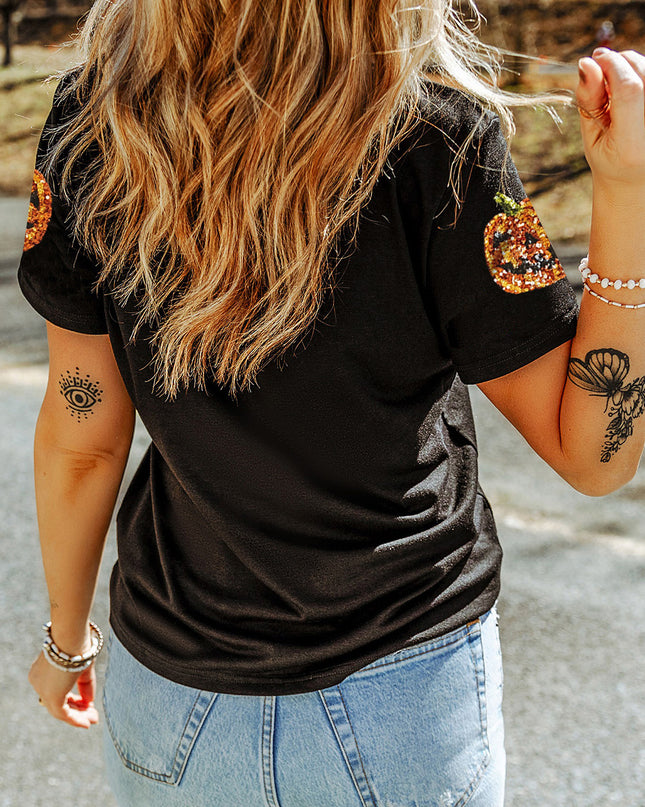 Black Halloween Sequin Pumpkin Face Graphic T Shirt