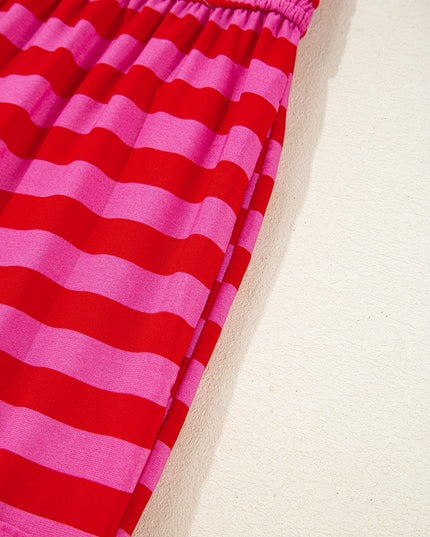 Rose Stripe Ruffle Strap Shirred Bodice Tiered Maxi Dress